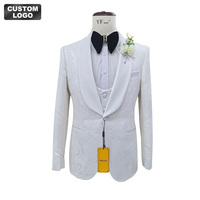 Setelan 3 potong Jacquard putih elegan untuk pria, Blazer celana ventilasi belakang satu kancing, Selendang bernapas ukuran Plus untuk pria