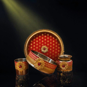 Ensemble cadeau de mariage artisanal en acier inoxydable, plateau rond brodé or rouge, bols et tasses, style bijoux décoratifs - Product Image 3