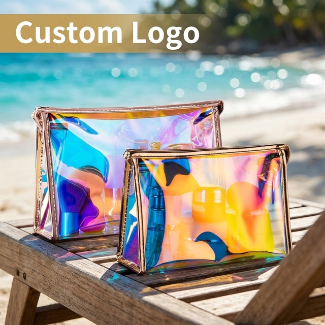 Custom Waterproof Toiletry Pouch Holographic Makeup Pouch Transparent Portable TPU Clear Travel Cosmetic Bag with Zipper