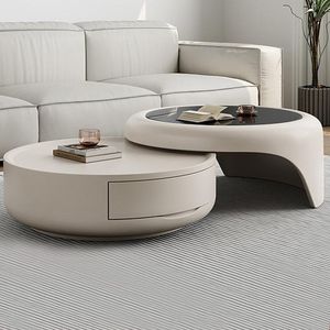 Mesa de Centro de Diseño en Crema, Mesa de Centro Redonda de Madera Maciza, Juego de Muebles para Sala de Estar, Mesa de Centro de Vidrio Templado - Product Image 5