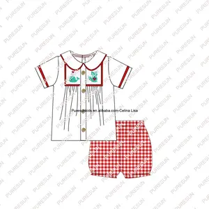 Custom unique baby boys clothing smocked baby boy outfit for V-day red gingham toddler boys shorts set