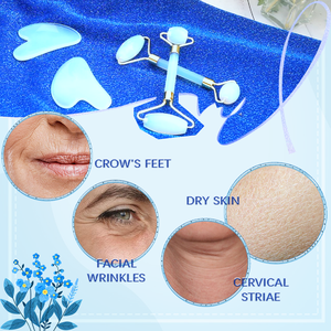 Vendita calda GHM blu Opalite giada <span class=keywords><strong>pietra</strong></span> <span class=keywords><strong>massaggiatore</strong></span> <span class=keywords><strong>viso</strong></span> Set Logo personalizzato Opal Gua Sha per la bellezza e il <span class=keywords><strong>viso</strong></span> - Product Image 3