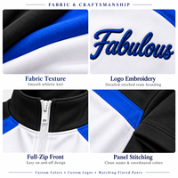 Veste et pantalon d'échauffement de cheerleading extensibles dans les quatre sens, personnalisés, à rayures bleues, noires et blanches, avec fermeture éclair intégrale et col montant, pour entraînement d'équipe