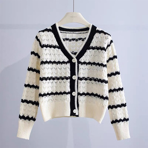 Zhan Ya Women's V-Neck Hollow Knit <b>Cardigan</b> Loose Striped Full Sleeve <b>Spring</b> Korean Style Breathable Sweater - Product Image 4