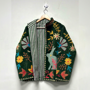 <b>Women</b> Green <b>Velvet</b> Embroidered Suzani <b>Jacket</b> Rabbit Pattern Full Sleeve Stand Collar Bohemian Style Autumn <b>Jacket</b> - Product Image 1