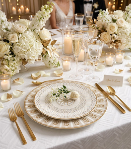 Service <span class=keywords><strong>de</strong></span> <span class=keywords><strong>table</strong></span> en céramique blanc et or <span class=keywords><strong>de</strong></span> luxe, assiettes en porcelaine à bordure géométrique, vaisselle <span class=keywords><strong>Art</strong></span> Déco pour mariage, hôtel, maison, banquet - Product Image 5