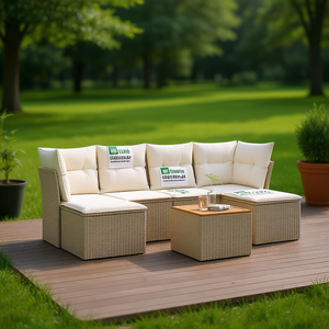 Ensemble de canapés de jardin beige crème blanc en rotin, mobilier d'extérieur 6 places, résistant aux intempéries, design contemporain - Product Image 2