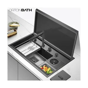 ORTONBATH SUS304隐藏式水槽盖覆盖水槽细刷，带排水器手工厨房水槽模型