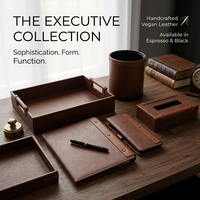 Ensemble d'accessoires de bureau en cuir marron cognac de luxe : plateau de rangement, porte-documents, boîte à mouchoirs, poubelle – Exportation directe usine