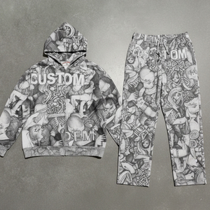 เสื้อฮู้ดดี้ผู้ชายแบบซิป ทรงหลวม ไหล่ตก พิมพ์ลายดิจิตอล น้ำหนัก 400 GSM ผลิตตามสั่ง (OEM)  ชุดสองชิ้น - Product Image 1