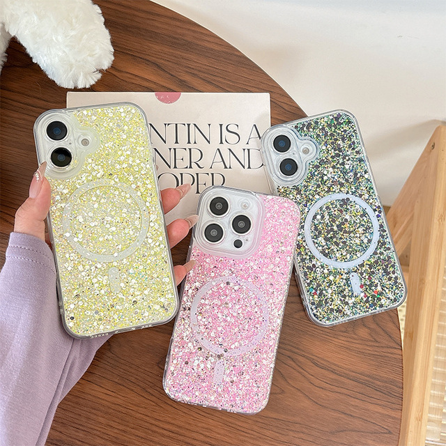 Luxury Glitter Resin Silicone Magnetic Phone case for iphone 17 Air 16 15 14 13 Pro Max Wireless Charging Shockproof Rear Cover