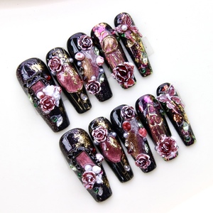 10 Uds. <span class=keywords><strong>Uñas</strong></span> Postizas <span class=keywords><strong>Acrílicas</strong></span> Reutilizables <span class=keywords><strong>con</strong></span> Base Negra, Diseño 3D de <span class=keywords><strong>Rosa</strong></span> Roja y Mariposa <span class=keywords><strong>con</strong></span> Diamantes de Imitación, Cobertura Completa, Venta al por Mayor - Product Image 3
