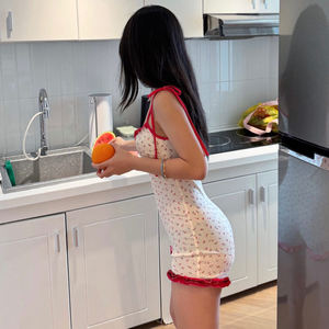 Combinaison mignonne à imprimé floral Y2K pour femmes, col en V, nœud devant, ourlet à volants, bretelles spaghetti, combinaison slim - Product Image 5