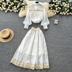 Skirt Two Piece Set For <strong>Ladies</strong> Puff Sleeve Blouse High Waist Lace Trim Long Skirt Two Piece <strong>Outfit</strong> 2pcs <strong>Ladies</strong> Dress - Product Image 4