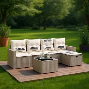 Conjunto de Sofá de Jardín de Ratán Beige con Almacenamiento, Muebles de Exterior para 4 Personas, Diseño Contemporáneo - Product Image 2