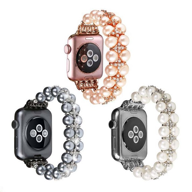 For Apple Watch 3 4 5 6 SE 7 Diamond Jewellery Strap 38 42 mm 44 45mm Double Row Pearl Rhinestone Strap Women Wristband