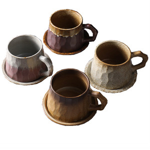 Ensemble tasse et soucoupe à café en céramique rétro japonaise, tasse en poterie rustique pour le thé de l'après-midi, cadeau souvenir créatif - Product Image 1
