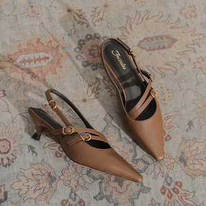 Brown Genuine Leather Pointed Toe Slingback Pumps Kitten Heel Buckle Strap Fashion Women's Shoes All Seasons High Heeled Shoes - Product Image 4
