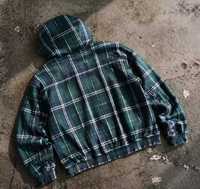 Blouson à capuche personnalisé en flanelle thermique à carreaux et tricot gaufré, brodé, double couche, délavé, zippé, effet usé, pour hommes