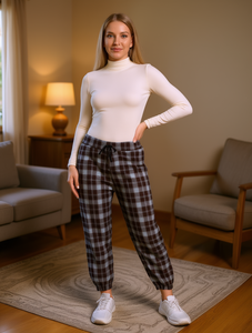 Pantalon sarouel en flanelle à carreaux, taille élastique, coupe ample, longueur cheville, tenue décontractée pour l'automne - Product Image 3