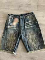 Shorts d'été pour hommes Difan Custom West Coast, style streetwear, taille mi-haute, coupe ample, avec effet usé, délavé à la barbe et orné de perles
