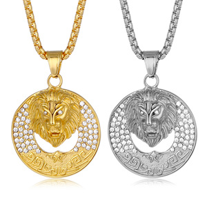 Collier Pendentif Lion Iced-Out en Acier Inoxydable Plaqué Or 18 carats avec Zircons, Chaîne Maille Cubaine, Style Hip Hop, Pièce Maîtresse Tendance pour Homme - Product Image 1