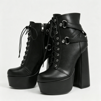 Bottines noires à plateforme pour femme, bout rond, à lacets, avec anneau métallique, sangle de harnais, talon bloc épais, fermeture éclair latérale, style gothique punk