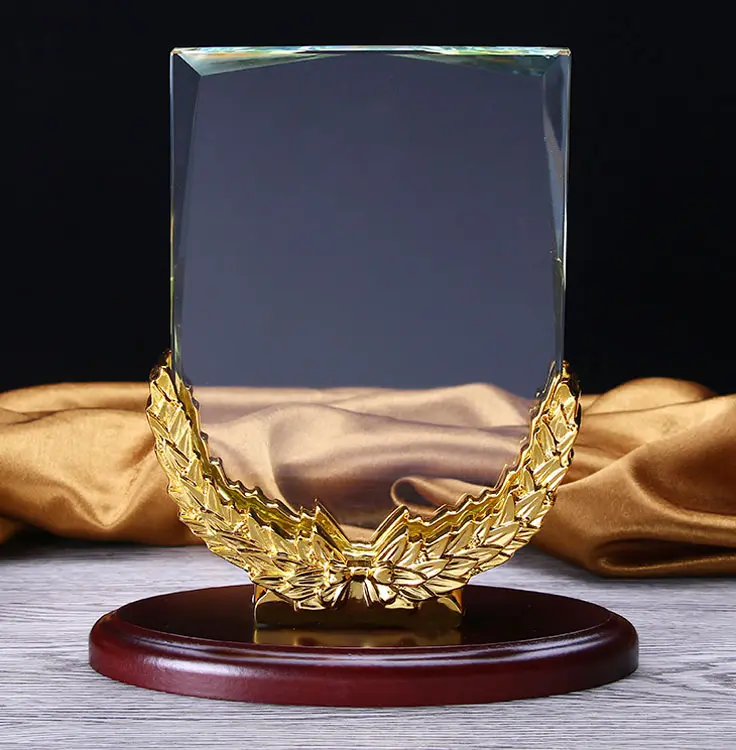 crystal shield with wooden base crystal glass plaque MH-J0956