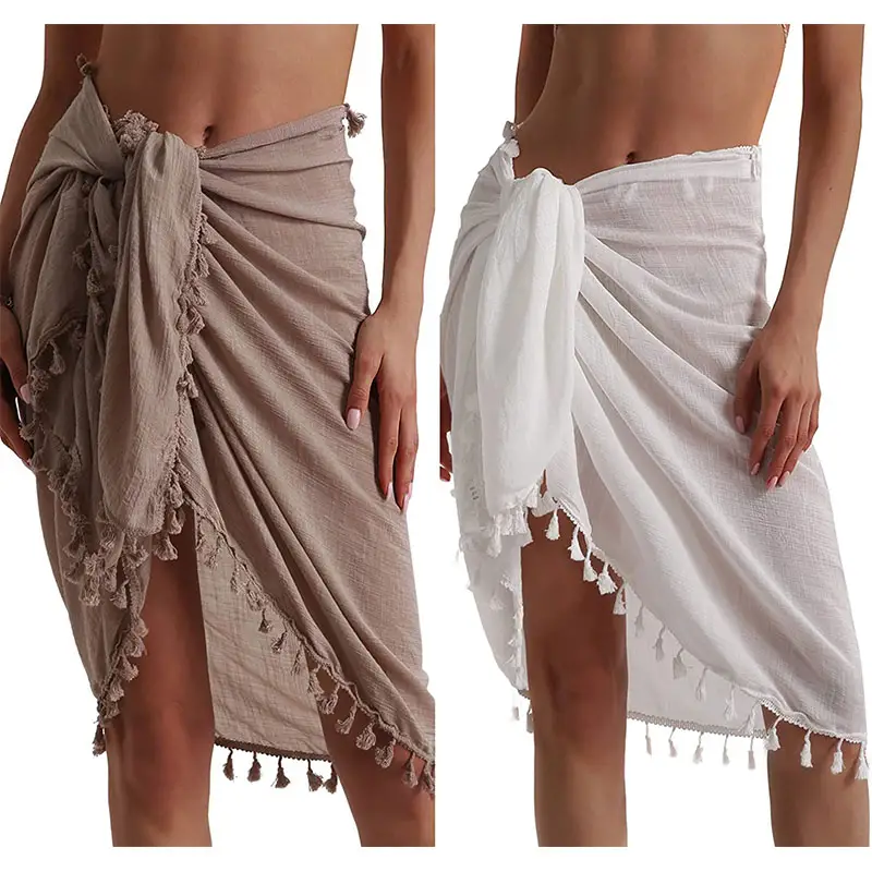 חוף סרונג Pareo נשים חצי Sheer בגדי ים כיסוי Ups קצר חצאית עם גדילים