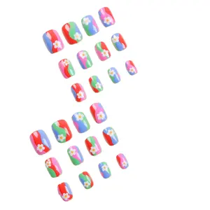 24pcs short oval women's fake nails cute cartoon white small flower three color stitching stripe nail patch