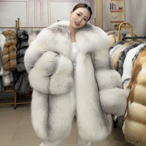 Manteau en vraie fourrure de renard croisé, chaud et moelleux, pour femme, épais, blanc, col châle large, mi-long, veste en fourrure véritable pour l'hiver - Product Image 3
