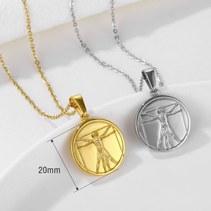 สร้อยคอสเตนเลสวินเทจสำหรับผู้ชาย,สร้อยคอวิทรูเวียนชุบทอง18K พร้อมจี้เหรียญทรงกลมแกะสลัก - Product Image 3