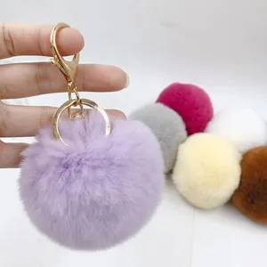8cm Fake Fur Brand Bag Keychain Pompom Car Keyring Gold Color Chains Pompons Fake Fox Rabbit Fur Charms Chain