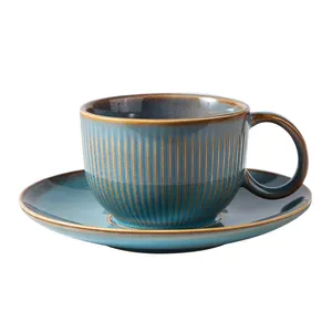 Trusted supplier YAYU heat resistant french style blue grey afternoon tea cup and saucer with handle fine bone china tea cup set