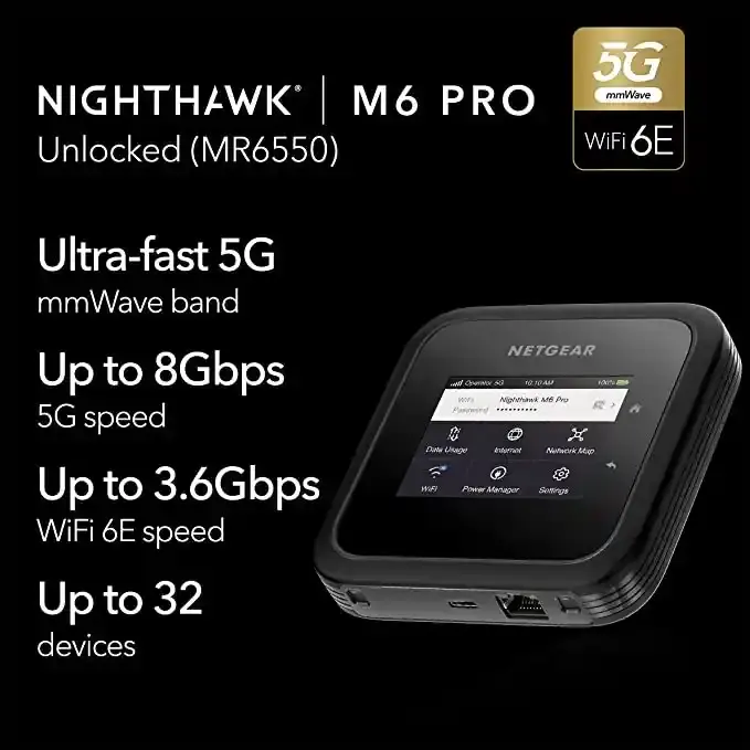Netgear M6 Pro 5G WiFi 6E Hotspot Router móvel, companheiro portátil para conexões rápidas e seguras de até 8Gbps desbloqueado