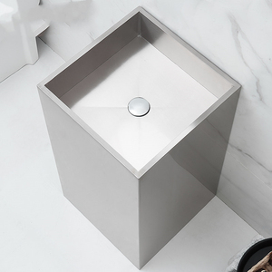 Lavabo sur pied carré moderne en acier inoxydable brossé SS304, lavabo intégré autoportant pour hôtel, bar et toilettes publiques commerciales - Product Image 4