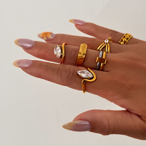 Новинка, розовые циркониевые кольца в стиле бохо, с волнистой линией, в день, милый набор колец, 2025 жаркое лето, 18k PVD Позолоченные ювелирные изделия из нержавеющей стали - Product Image 5