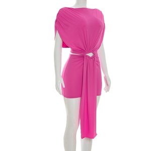 Viviblook Q26DS039 Vestido de Verano para Mujer, Nuevo, Color Sólido, Casual, Ajustado, Plisado, Manga Corta, con Lazo, Mini Vestido Bodycon - Product Image 2