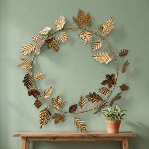 Corona de Hojas Metálicas Doradas, Redonda, Hecha a Mano, Decorativa, para Colgar en la Pared, Estilo Clásico, Sin Iluminación, Pieza Única - Product Image 6