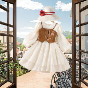 Conjunto de Falda y Chaleco de Piel Sintética Ecológica con Cuello Redondo y Flores para Niñas + Falda Larga de Gasa con Mangas Largas, Estilo Princesa, Informal, para Otoño - Product Image 3