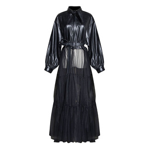 Manteau long <span class=keywords><strong>en</strong></span> cuir PU style europé<span class=keywords><strong>en</strong></span>, avec col à revers large et design <span class=keywords><strong>en</strong></span> <span class=keywords><strong>maille</strong></span>, coupe longue et détails <span class=keywords><strong>en</strong></span> <span class=keywords><strong>maille</strong></span>, pour un look affirmé et original. - Product Image 5