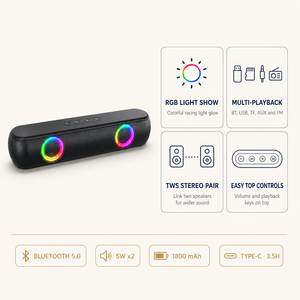 Barra de Sonido Estéreo Inalámbrica RGB BT 5.0 TWS, Altavoces de 5W X2 con Luz LED de Colores, Tipo-C, USB, AUX, TF, FM, Sistema de Cine en Casa para PC/TV - Product Image 2