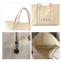 Sac fourre-tout tendance en toile légère avec bordure en ruban arc-en-ciel, poche zippée, réutilisable et écologique pour étudiants et école