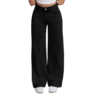 Pantalon en <span class=keywords><strong>jean</strong></span> délavé noir taille mi-haute à jambe large pour adolescentes, doux, polyvalent, décontracté, style urbain, OEM ODM, vente en gros - Product Image 4