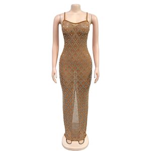 Robe longue de soirée de luxe 2026 pour femme, sexy, à fines bretelles, en maille transparente, moulante, avec strass géométriques, pour fêtes - Product Image 3