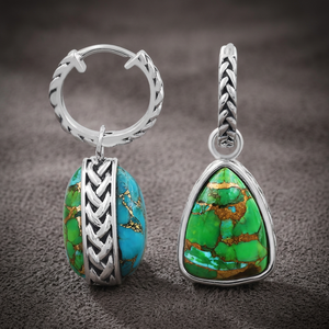 Vintage Wedding 925 <b>Sterling</b> <b>Silver</b> Green Copper Turquoise <b>Hoop</b> Drop Earrings Charm Interlocking Multi Stone Huggie Wholesale - Product Image 3