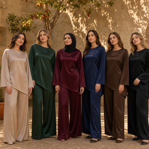 Set Abaya <span class=keywords><strong>Elegante</strong></span> in Raso Pesante Loriya per Donne, <span class=keywords><strong>Tunica</strong></span> Asimmetrica a Maniche Lunghe e Pantaloni Larghi con Tasche, Set Modesto per Abbigliamento Musulmano - Product Image 1