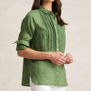 Blusas Personalizadas de Manga Larga Verdes, Cómodas y Transpirables, con Diseños de Encaje, Camisa de Lino y Algodón de Alta Calidad para Mujer - Product Image 2