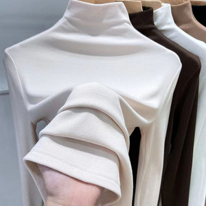 High Neck Long Sleeve Solid Color T-Shirt Women Autumn Winter Warm Slim Fit Base <b>Layer</b> Fleece Lined Stretchy Knit <b>Top</b> - Product Image 4