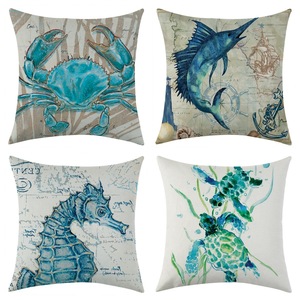 Ocean-Themed Linen Throw <b>Pillowcase</b> <b>Square</b> 18x18 Inch Vintage Print Washable Cushion Cover For Living Room Decor - Product Image 1